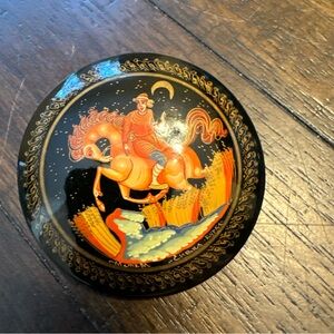 Vintage Russian‎ Hand Painted Lacquer Wooden Brooch Pin Signed 2”